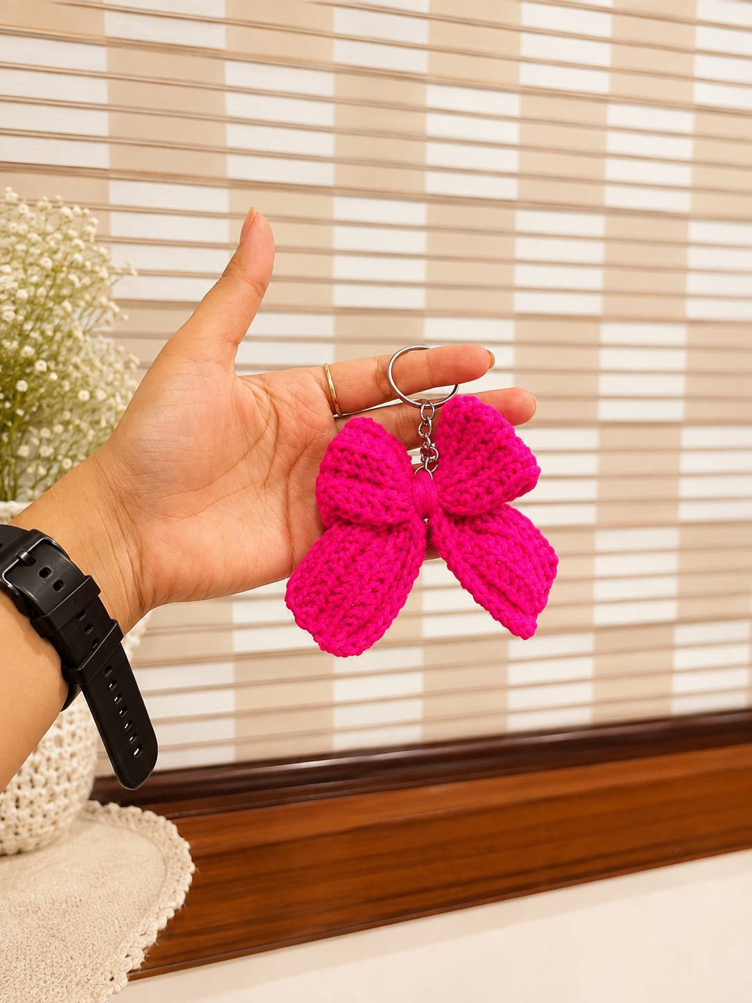 Handmade Crochet Bow Keychain - Hot Pink